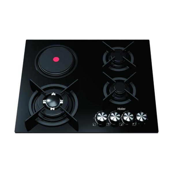PLAQUE HAIER ENCASTRABLE 4FEUX MIXTE 3F A GAZ 1F ELECTRIQUE VERRE NOIR HOBF60FB
